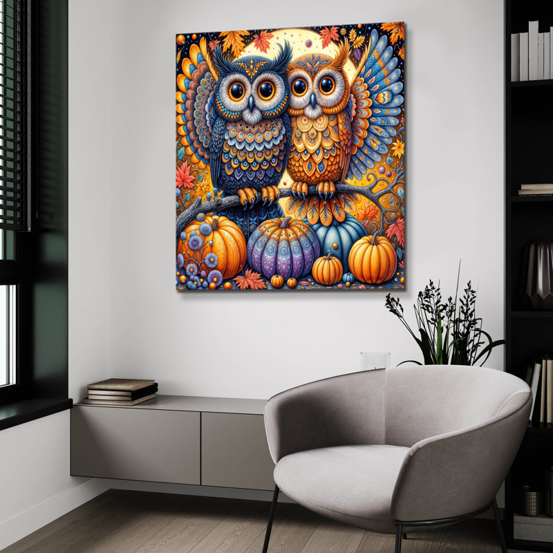  «Two Owls Fall Thème 1» par Rey Klimt, art mural en verre acrylique, 36 po x 36 po
