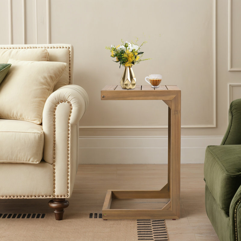 C Shaped Solid Wood End Table, Brown