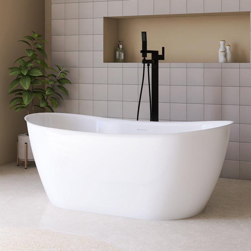 Baignoire de trempage autoportante en acrylique 59 po, Blanc lustré