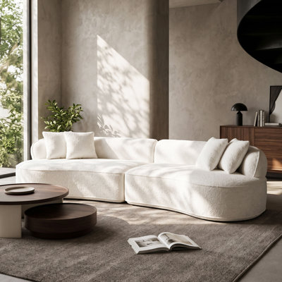 114" Modern Curved Boucle Sectional Sofa, All-Foam & Pocket Spring 4-Seater Cloud Couch with 4 Pillows, No Assembly, White