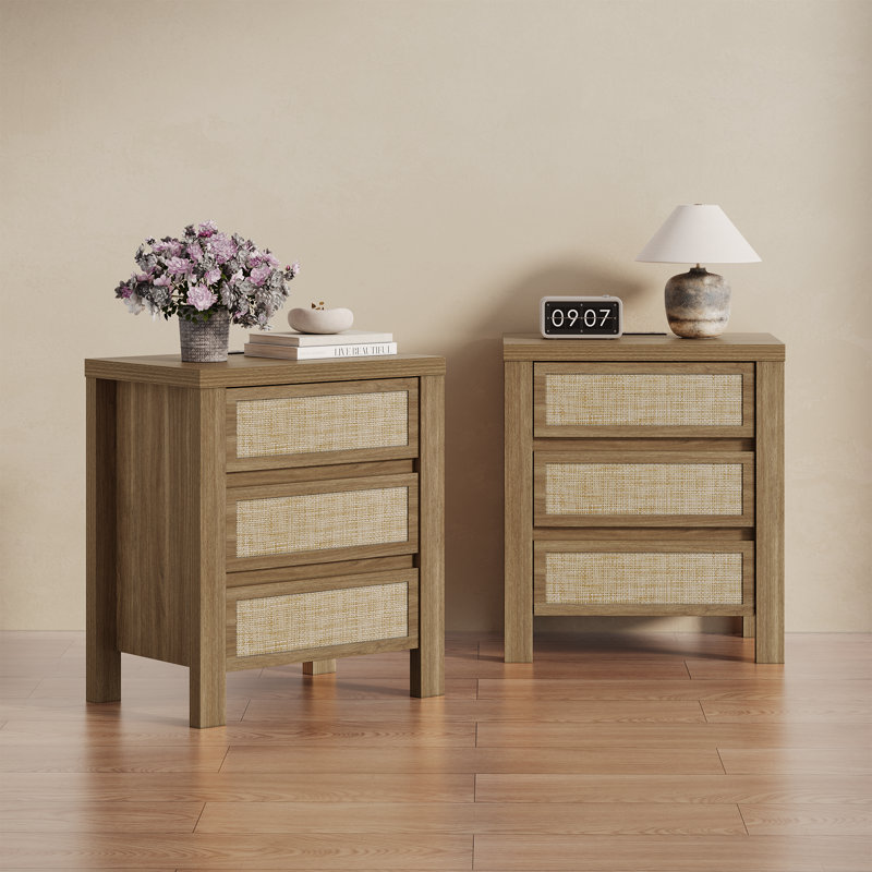 Retro Minimalism 3-drawer Nightstand With Charging Station（set Of 2）