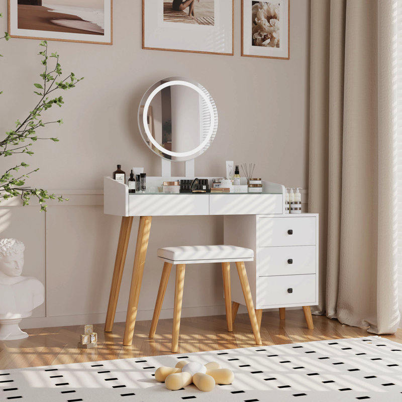 Dressing Table With Led Lights Glass Top Dressing Table With Extendable Side Table 5 Drawers Dressing Table With Mirror And Stool For Bedroom