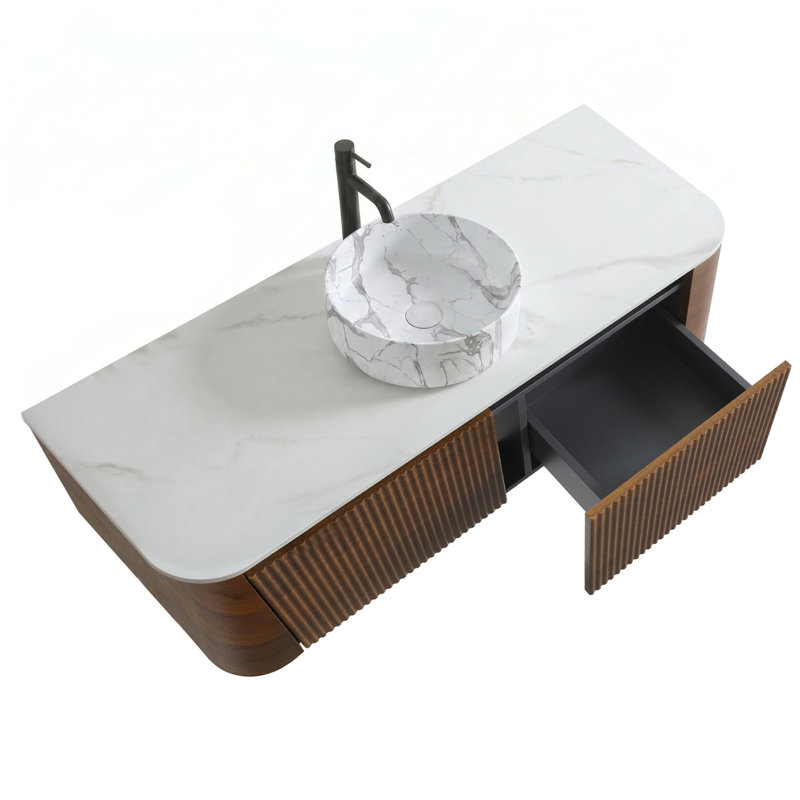 Wall Mounted Single Double Single Vanity Bathroom Vanity With Engineered Stone Top, Walnut, 48, White
