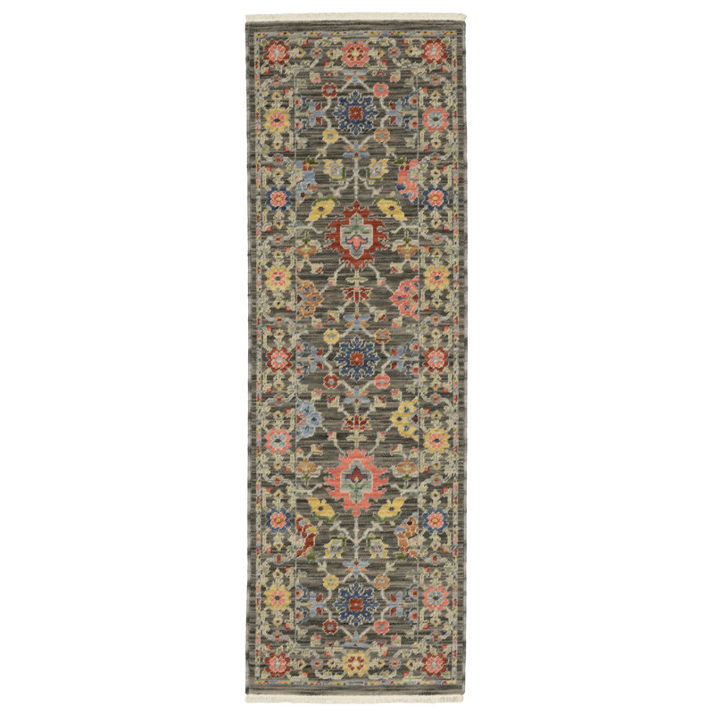 Oriental Machine Woven Gray/Pink Wool and Nylon Blend Area Rug, Runner 2' x 6'