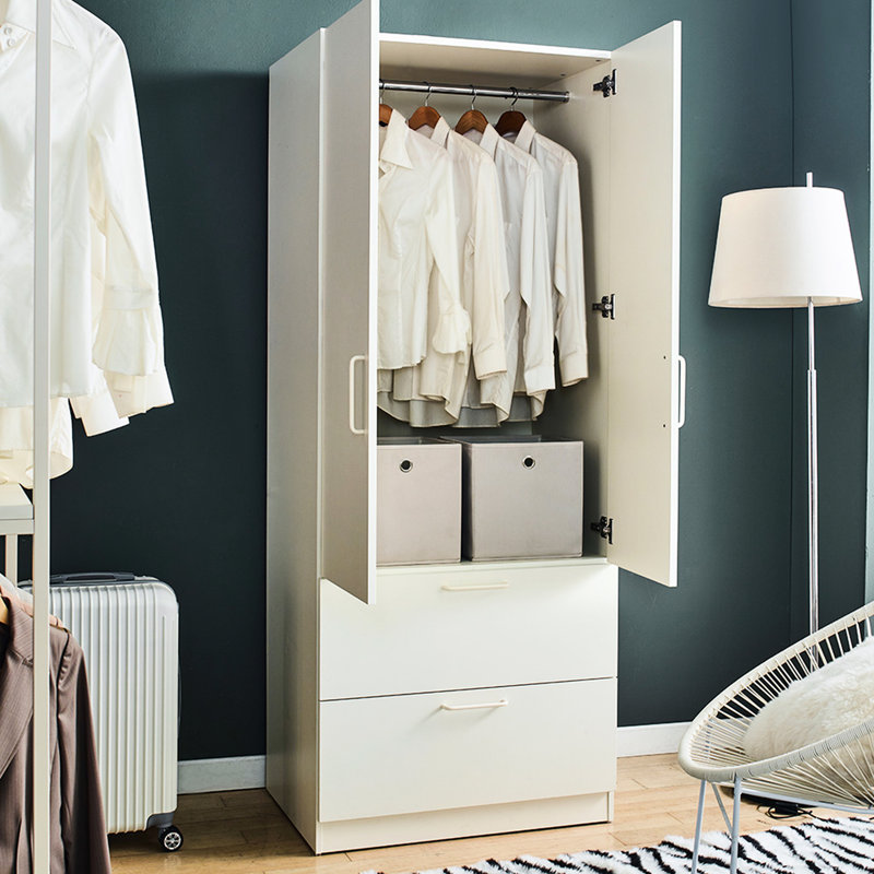 Garde-robe à deux portes en bois blanc avec deux tiroirs et barres de suspension - Portes à fermeture en douceur, espace de rangement profond, fabrication d'eau et de chaleur, conception à égratignures solides, très grande capacité, très grand