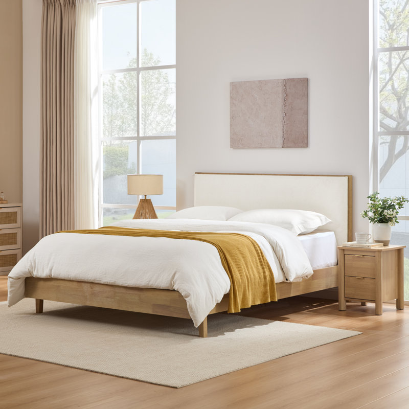 Rezana Solid Wood Boucle Upholstered Headboard Bed Frame, King, Natural