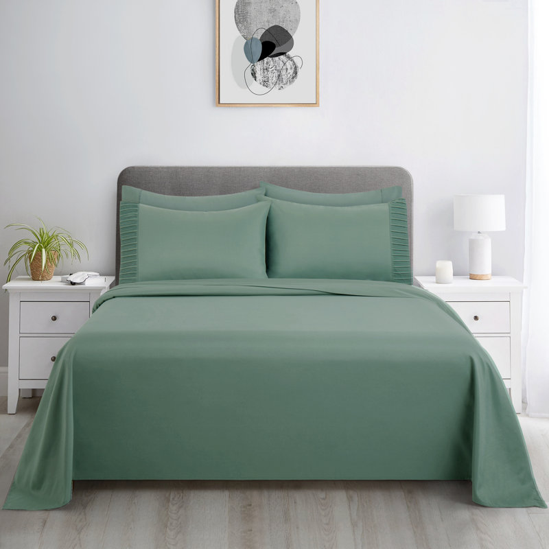 Ensemble de draps 6 pièces avec 4 taies d'oreiller plissés en rayonne de coton rayé de couleur unie Marina, Vert