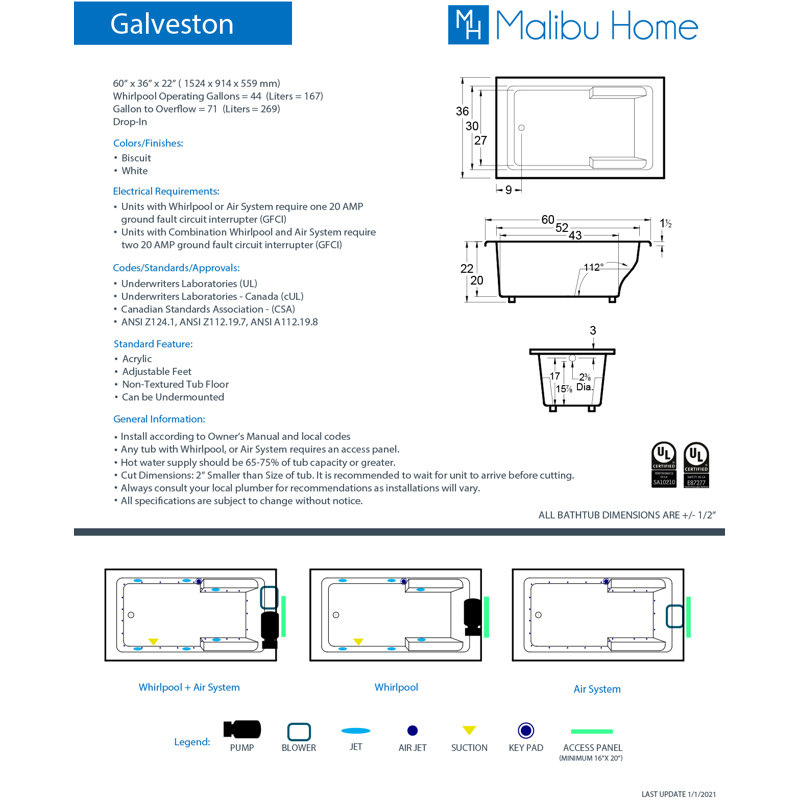 Galveston 60" x 36" Drop In Combination Acrylic Bathtub, Biscuit