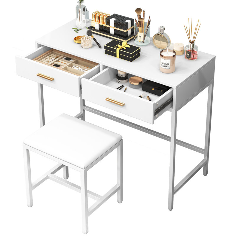 White Desk Set With 2 Drawers Modern Dressing Table With Stool , White