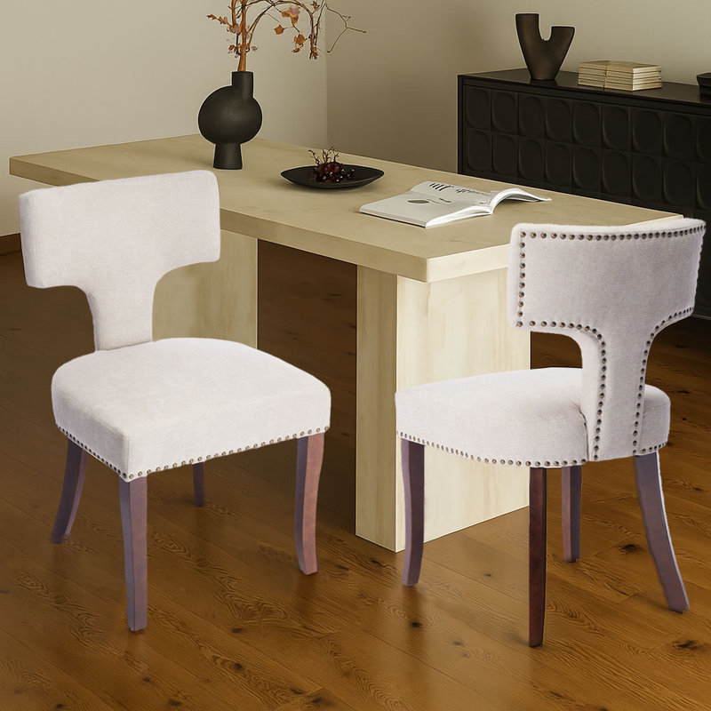 Ensemble rétro de deux chaises de salle à manger rembourrées avec patins réglables, Beige