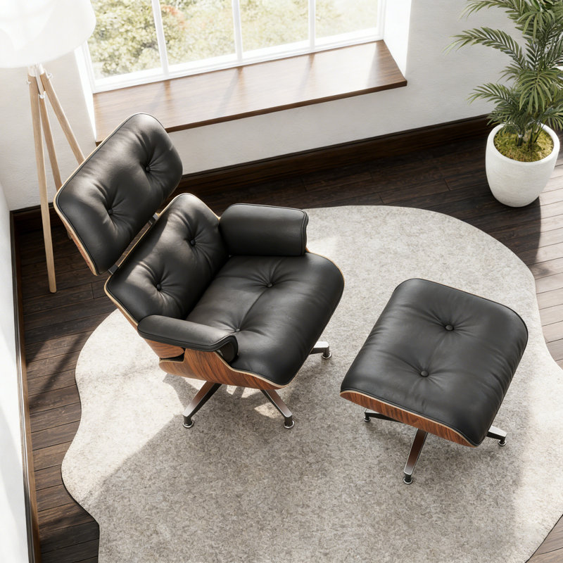 Ensemble de méridienne et de repose-pieds en cuir Mid Century, Noir / espresso / noyer