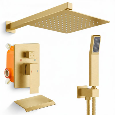 Système complet de douche à pluie 10 "avec bec de baignoire en cascade - ensemble de robinet de douche mural chromé avec douchette et valve brute