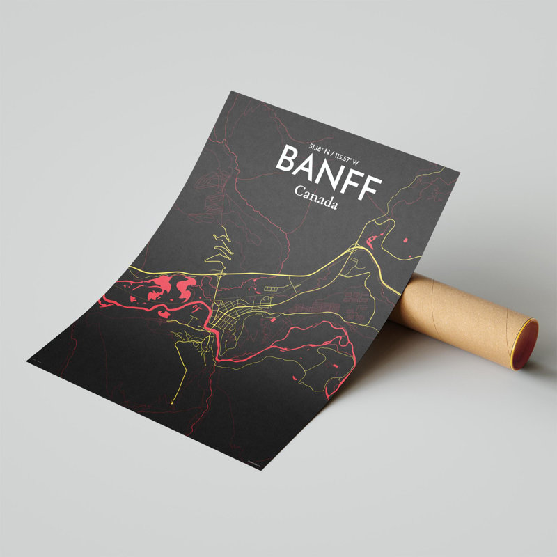 Banff, carte de la ville, impression, Noir / rouge / jaune, H 24 po x l 18 po