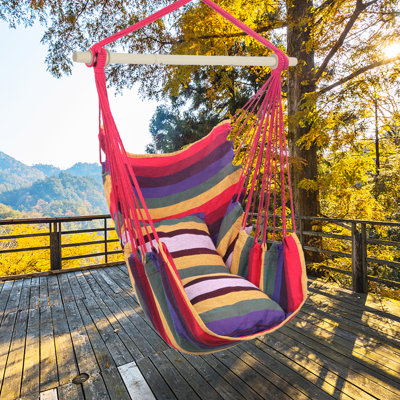Outdoor Indoor Rainbow Cotton Canvas Hanging Rope Chair, Unique Hammock Swing Chair with 2 Soft Cushions for Bedroom Patio Porch