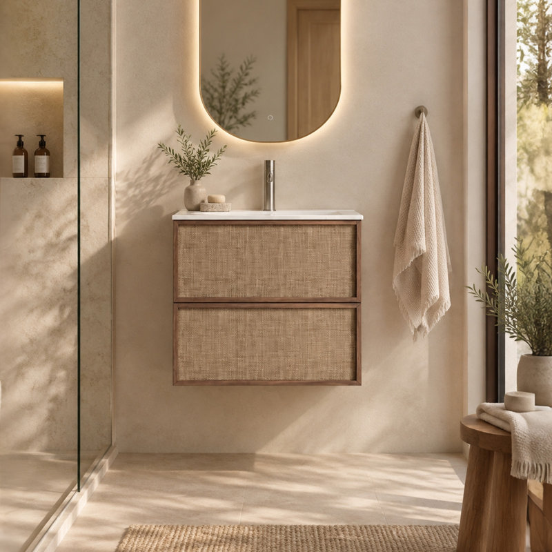 Meuble-lavabo mural de 59 cm (23,2 po) avec comptoir en céramique, fini noyer foncé et façade de tiroir en rotin