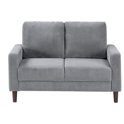 Velours côtelé contemporain gris avec cadre et dossier rembourré, pieds en faux bois exposés, capacité de 300 lb, hauteur de l'ensemble de 21,5 po pour le décor du salon, fabrication en contreplaqué massif, hauteur