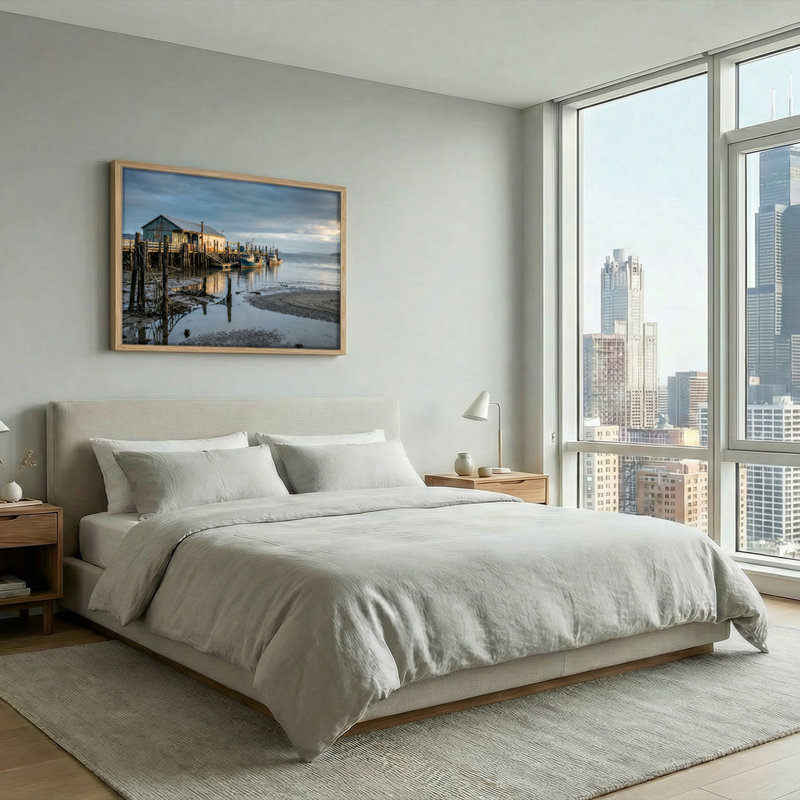 Ensemble de 1 tableau sur toile représentant un quai côtier, H 24 po x l 36 po, Naturel