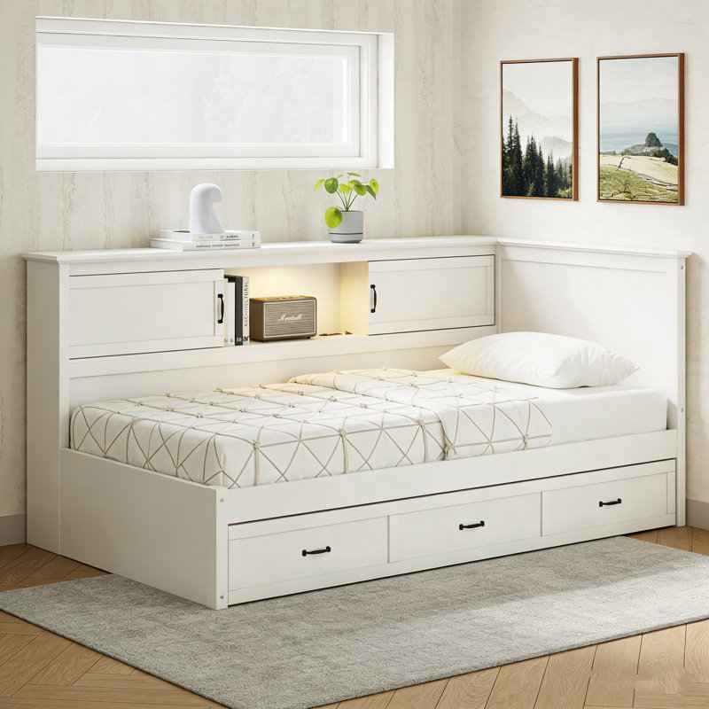 Full Size L-Shaped Corner Wooden Captain Bed With Drawer, Bookcase, LED Downlight & USB Port - Great For Small Rooms, Bedrooms & Guest Rooms