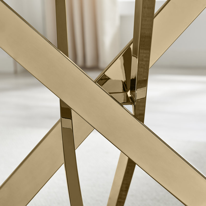 Chanden Luxury Marble Effect Glass 4 Seater Dining Table - Modern Statement Design, Gold, White