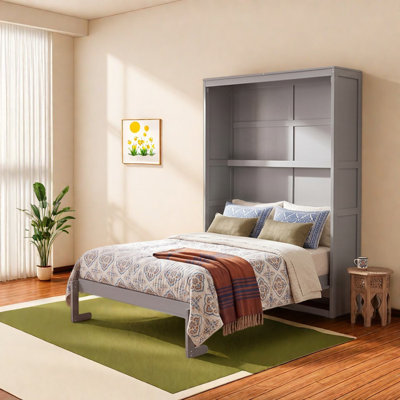 Lit escamotable double gain de place avec rangement, bois MDF, gris moderne pour la maison
