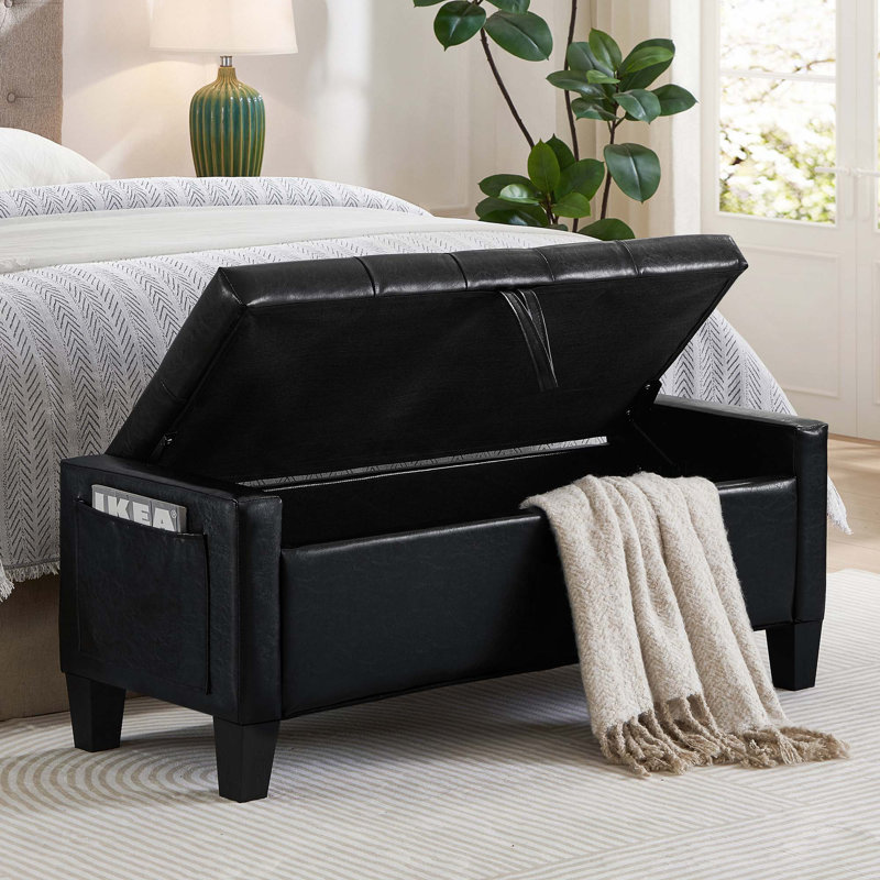 Banc en lin rembourré avec rangement et charnière de sécurité pour le salon de la chambre à coucher, Noir