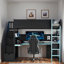 Lit mezzanine en bois d'inspiration Esports avec escalier de rangement, bureau, tablettes et panneau perforé-426557353-426557359