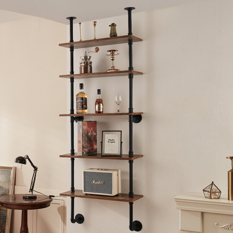 5 Piece Square Steel; Wood Floating Shelf