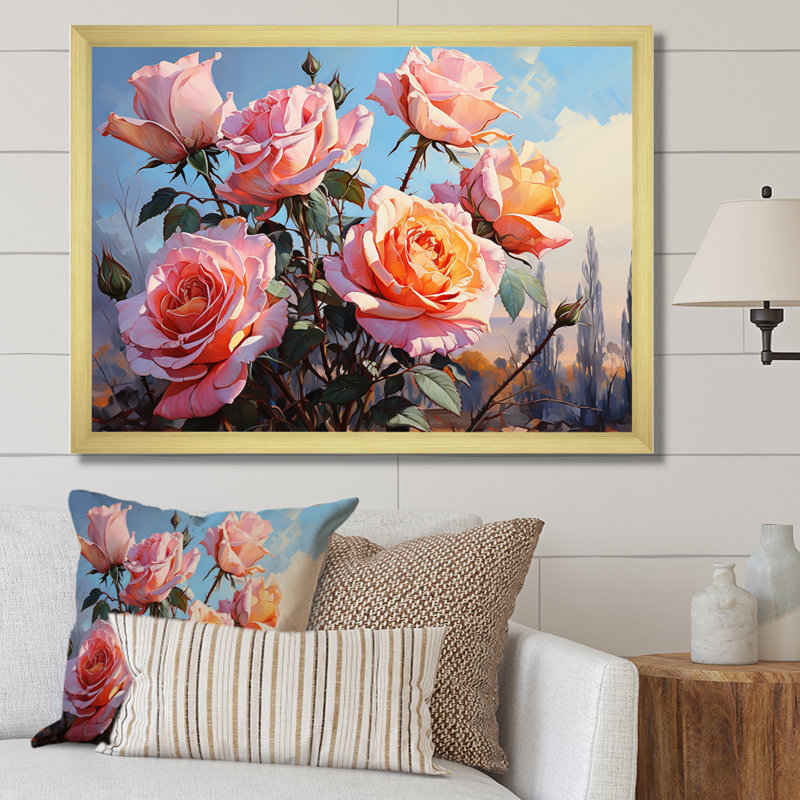 Minimalisme roses roses rêve II sur toile, H 12 po x l 20 po x P 1 po, Cadre doré simple