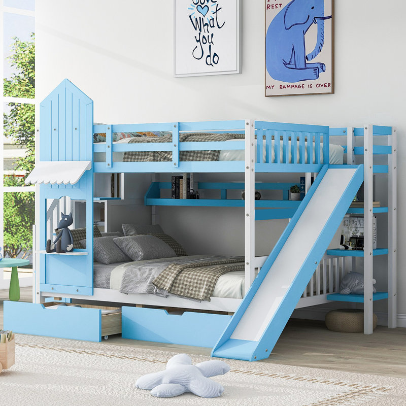 Lit superposé de style château avec 2 tiroirs, 3 tablettes et glissade, Bleu, Double sur double