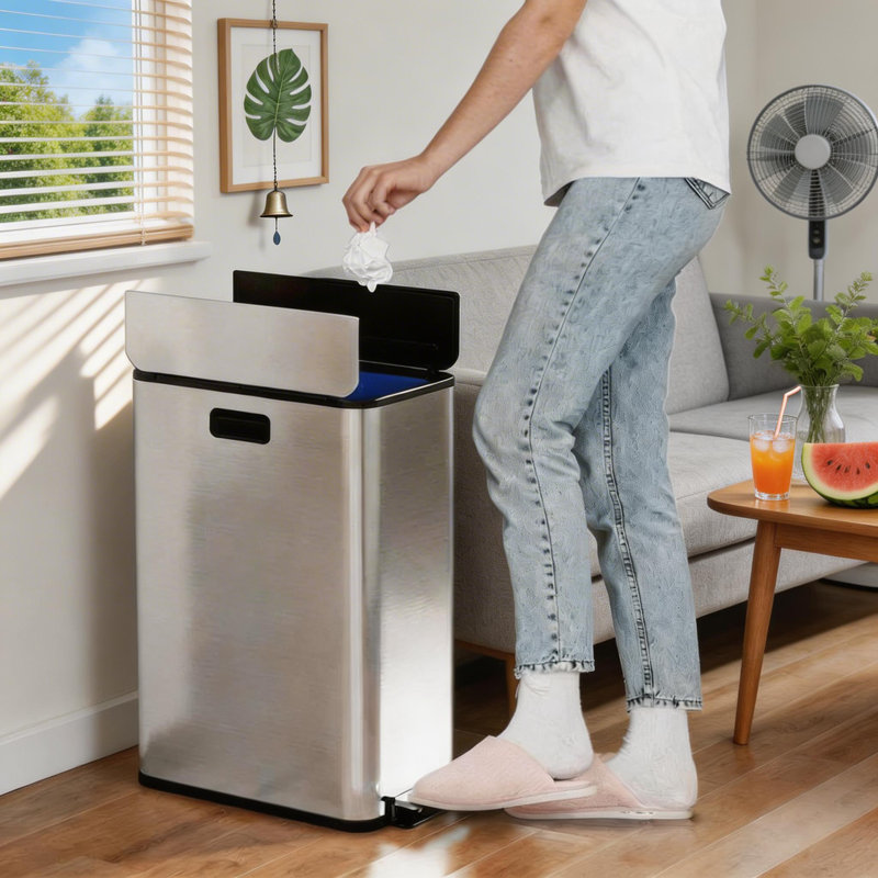 Poubelle en acier inoxydable 14,8 gallons, poubelle à double compartiment avec couvercle papillon et 2 seaux intérieurs amovibles de 28 litres, poubelle rectangulaire pour la cuisine, le salon, le bureau