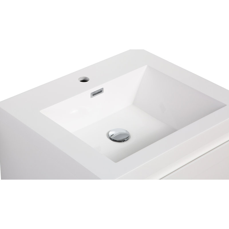 Meuble-lavabo flottant 24 po pour salle de bain, moderne. Lavabo en résine blanc brillant. Tiroirs à fermeture en douceur. Organisateur de salle de bain. Installation facile. Lavabo en bois dans la salle de bain. Rangement. Dessus.