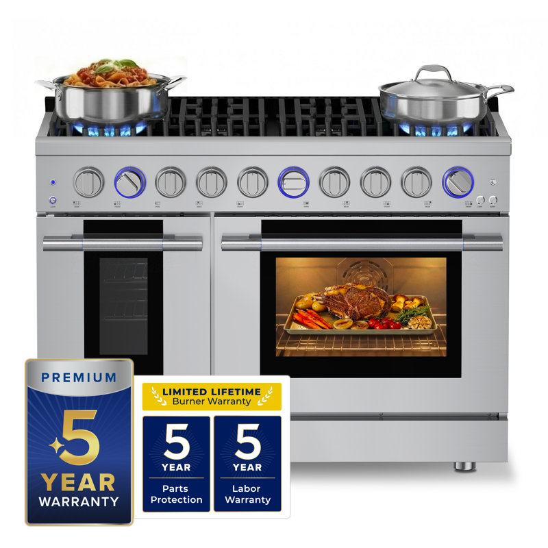 Hauslane 48" Dual Fuel Range In Stainless Steel | 8 Burners Up To 20,000 Btus | 6.7 Cu. Ft. Double Convection Oven With 5 Rack Positions | Convertible Ng/Lp | Cool-Touch Triple-Layer Door