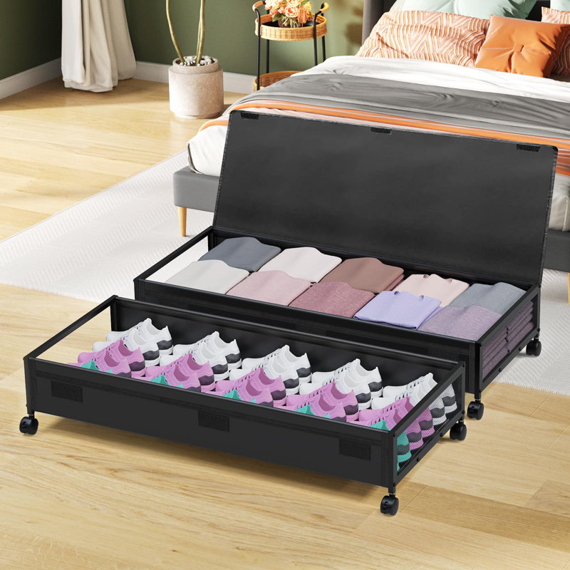 Black Metal and Fabric Lidded Under Bed Storage Box with Wheels