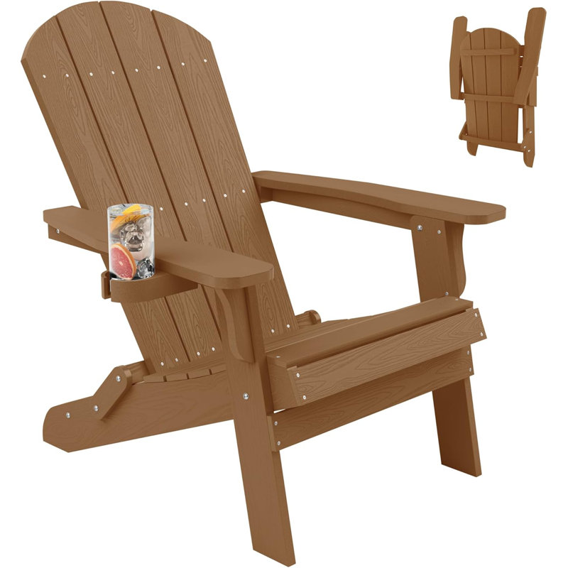 Outdoor Folding Adirondack Chair HIPS Oversized Plastic Adirondack Chair All Weather Patio Chair with Cup Holder Fire Pit Chair, Teak