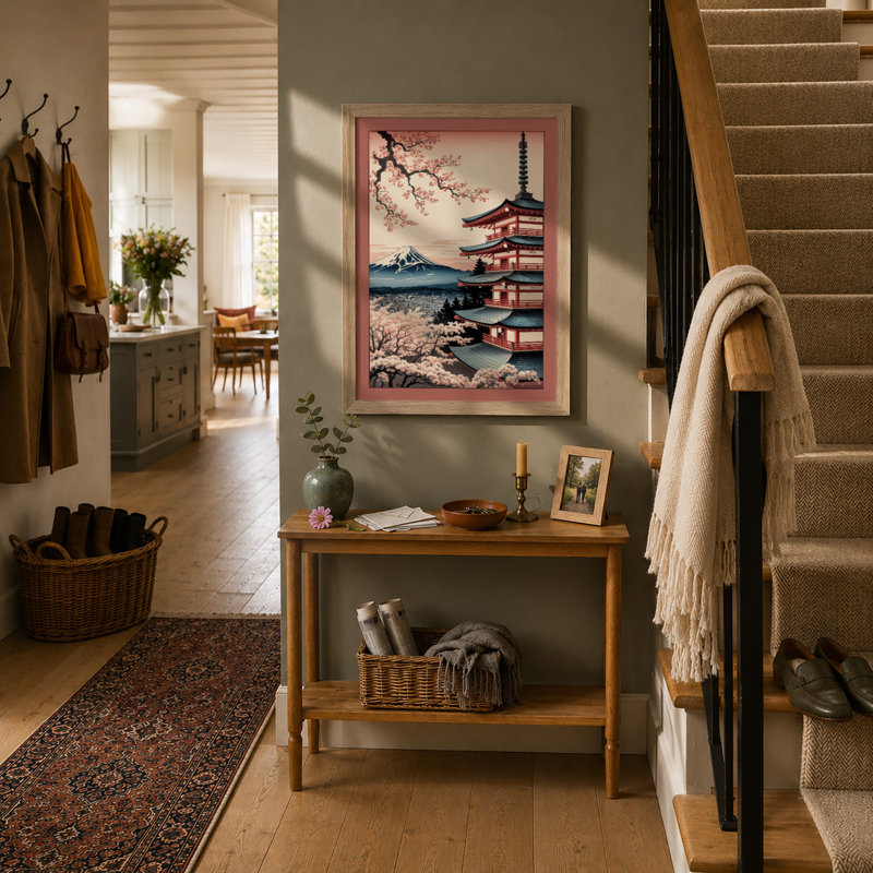 Pagoda at Dawn Japandi - Framed Print, A2 - 59.4 x 42.0 cm, Oak