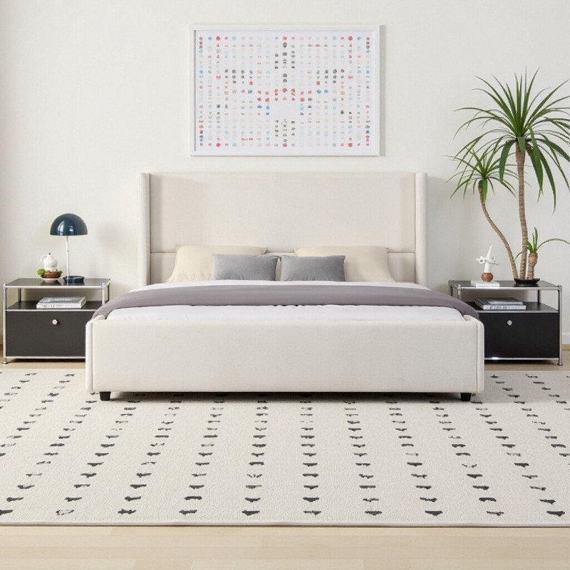 King Upholstered Wingback Platform Bed – Soft-Touch Fabric & Timeless Design