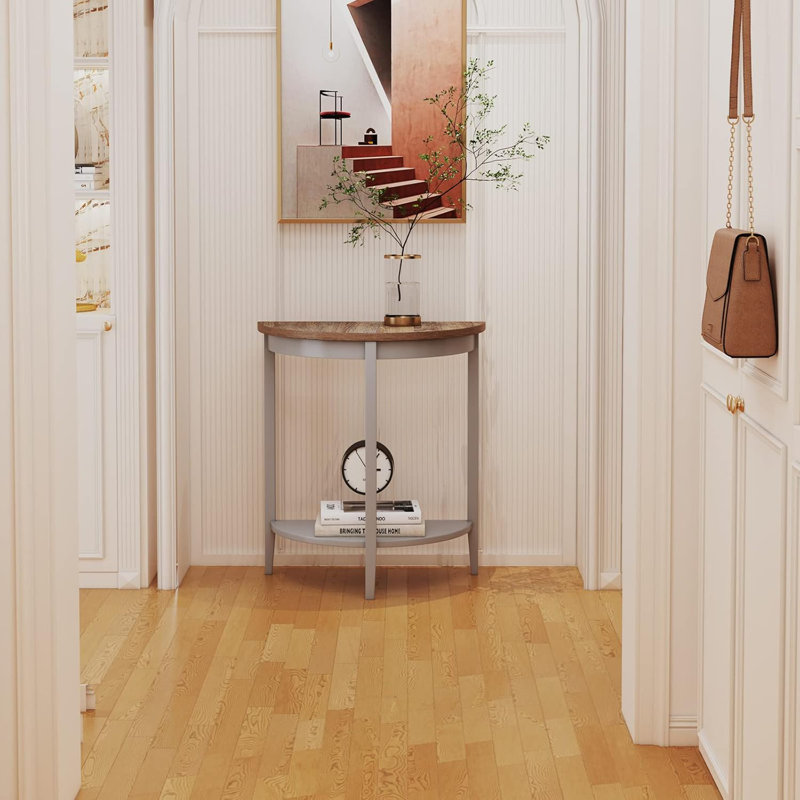Half Moon Wooden Console Table With Bottom Shelf, Durable Wooden Frame In Gray Oak Finish