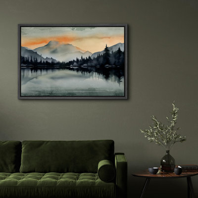 Paysage de forêt Woodland «Crimson Twilight Sunrise Mountain Lake» sur