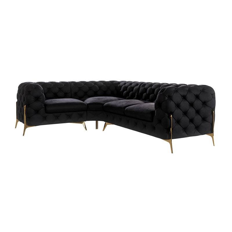 Chesterfield Corner Sofa L-Shape  with Gold Metal Legs, Black, Right Hand Facing