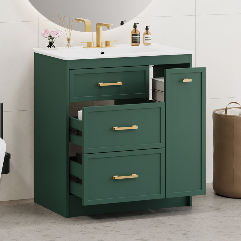 Ensemble de meuble-lavabo 30 po - avec 3 tiroirs et poignées dorées élégantes, Vert