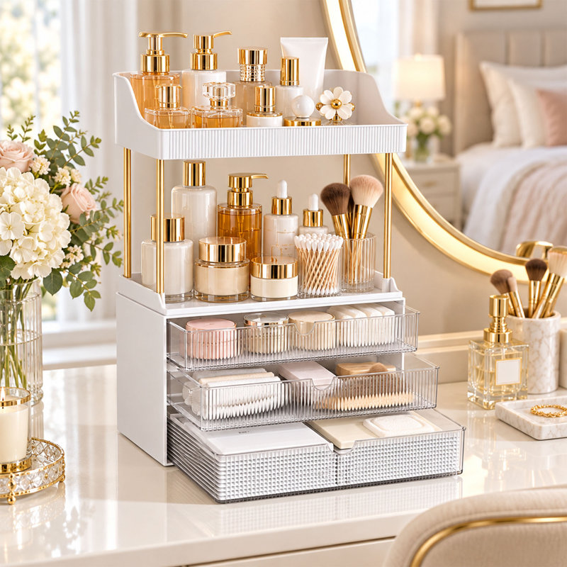 Organisateur de maquillage en acrylique à 5 niveaux avec 3 tiroirs et 2 tablettes ouvertes