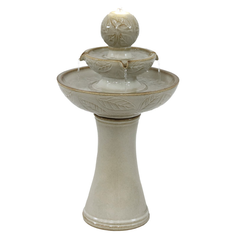 Off-White Ceramic 2-Tier Outdoor Fountain with LED Lights