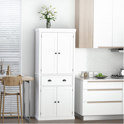 72"" Kitchen Pantry Storage Cabinet, Traditional Freestanding Cabinet With 4 Doors And 3 Adjustable Shelves, Large Central Drawer, Beadboard -  Gracie Oaks, 8BE19BEB351C499D8D6404887DF60A6D