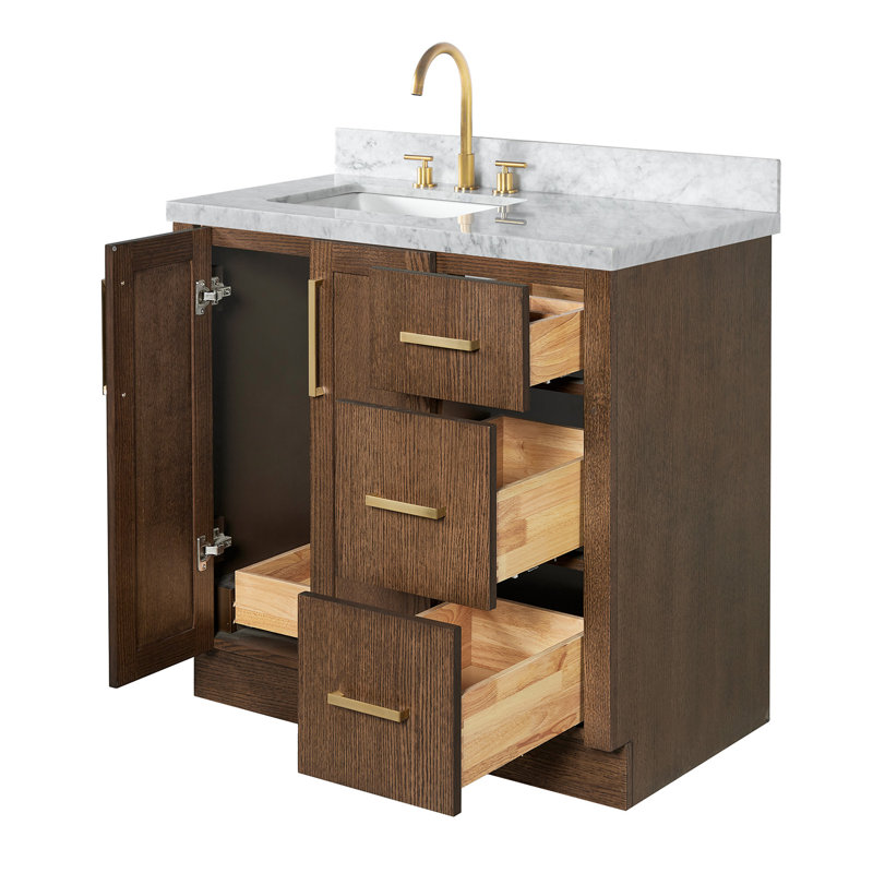 Meuble-lavabo rectangulaire simple décalé à gauche de 94 cm (37 po) avec comptoir en marbre blanc de Carrare de 3,8 cm (1,5 po) d'épaisseur et finition chêne brun