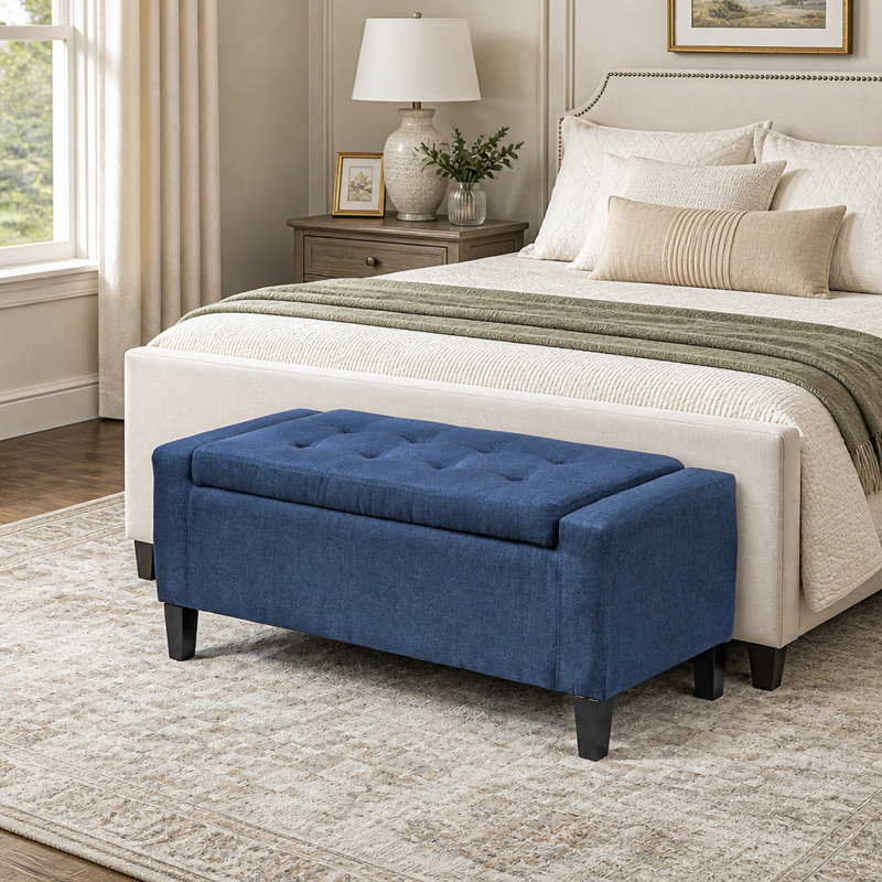 Banc ottoman de rangement recouvert de lin, repose-pieds relevable capitonné avec pieds en bois d'hévéa, banc multifonctionnel de bout de lit pour salon ou chambre à coucher