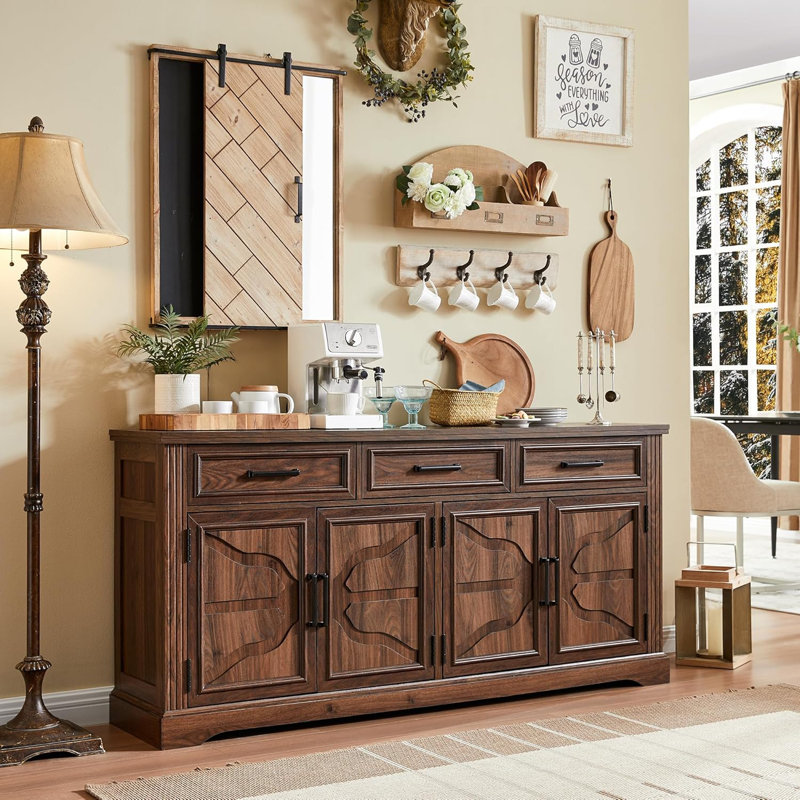 Nayda 66" Wide 3 Drawer Sideboard Buffet, Farmhouse 4 Doors Credenza Storage Cabinets with Adjustable Shelves, Brown