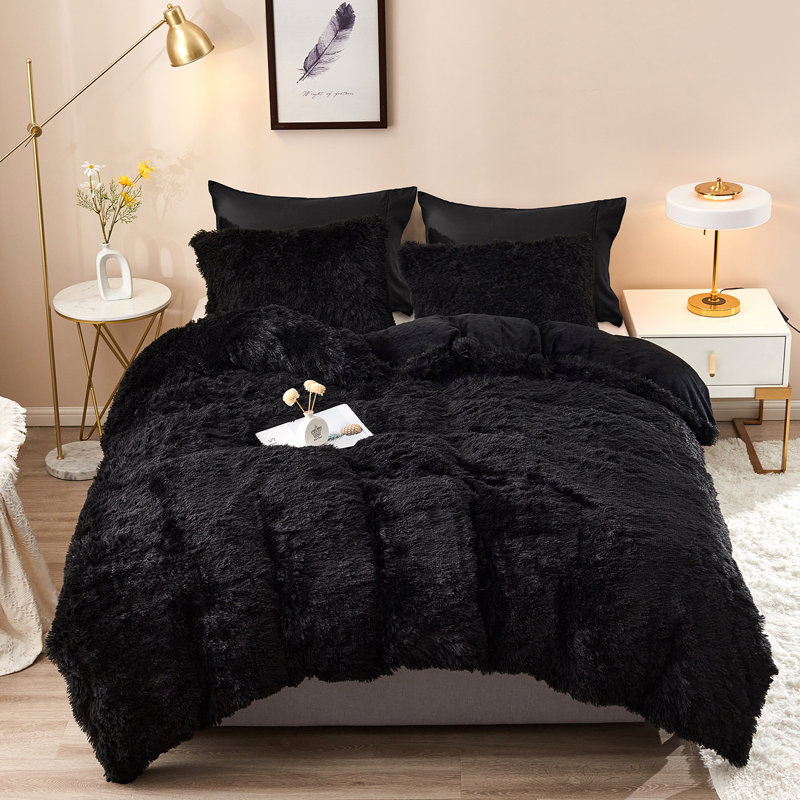 FFDC1217 Plush Shaggy Duvet Cover Set, King Duvet Cover + 4 Additional Pieces, Black