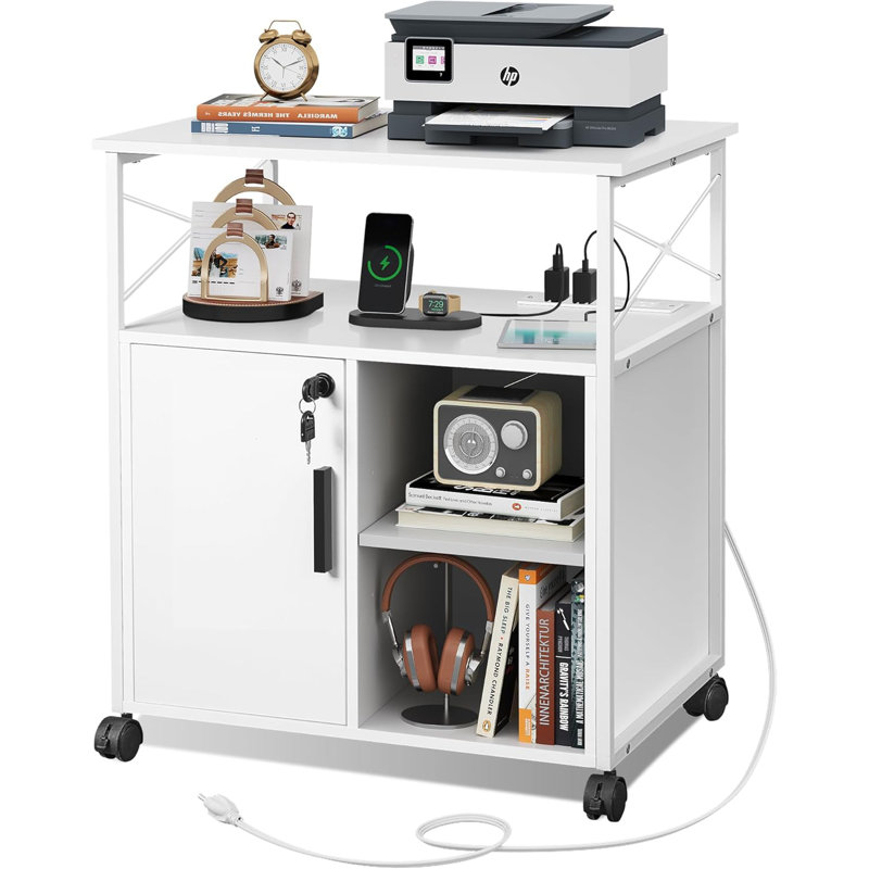 Lockable File Cabinet With Charging Station, Lateral Filing Cabinet For Home Office, Multi-Functional Printer Stand With Adjustable Shelves And Swivel Casters