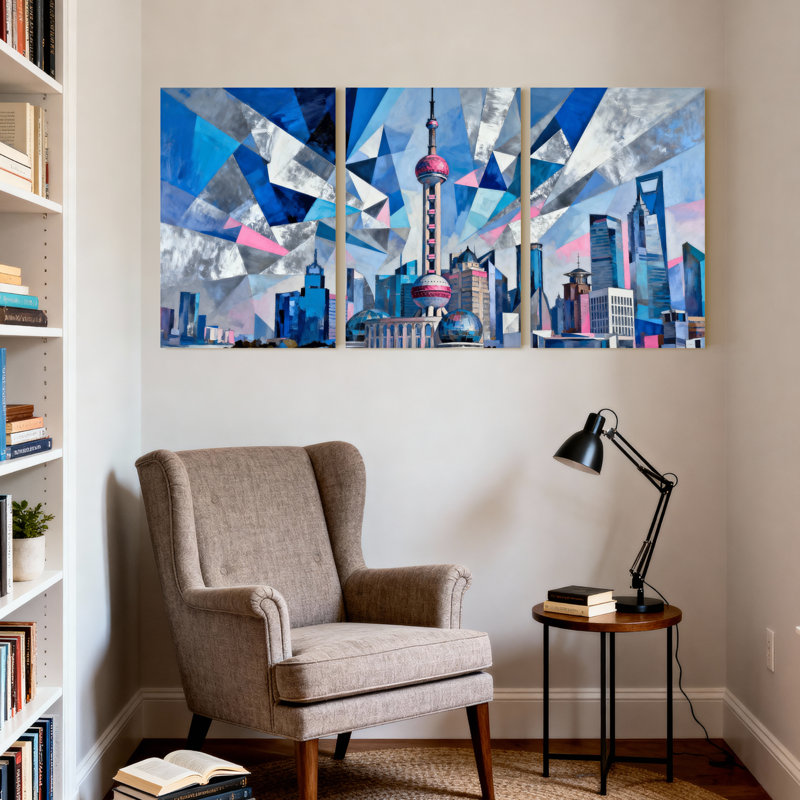 Ensemble de 3 reproductions d'art sur toiles abstraites avec formes géométriques et reflets, "Cités et pays"