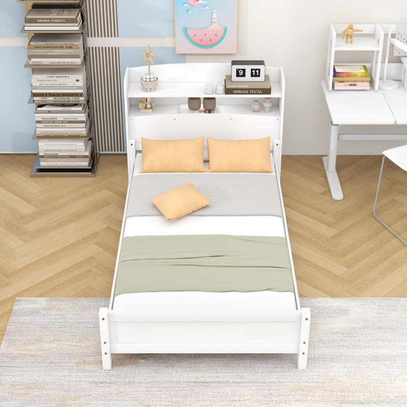 Lit plateforme en bois avec capteur de mouvement à DEL intégré, garde-corps flexibles et tablette, Simple, Blanc